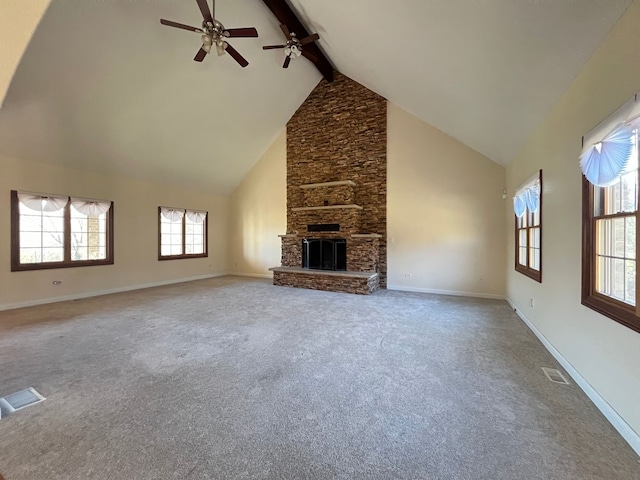 14312 Twin Creek Ct, Homer Glen, IL 60491 - unfurnished living room featuring ceiling fan, visible vents, beam ceiling, high vaulted ceiling, and baseboards