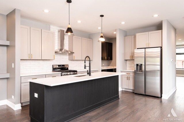 6908 26th St, Berwyn, IL 60402 - kitchen featuring stainless steel appliances, a sink, backsplash, wall chimney range hood, and light countertops
