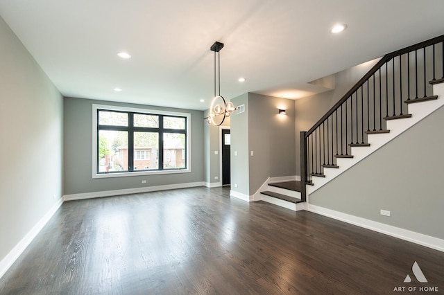 6908 26th St, Berwyn, IL 60402 - unfurnished living room featuring recessed lighting, dark wood finished floors, baseboards, and stairs