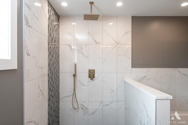 6908 26th St, Berwyn, IL 60402 - full bath with a marble finish shower, tile walls, and recessed lighting