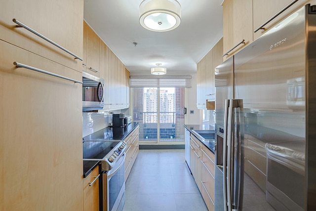 77 S Evergreen Ave Unit 1004, Arlington Heights, IL 60005 - kitchen featuring appliances with stainless steel finishes, dark countertops, modern cabinets, tasteful backsplash, and light brown cabinetry