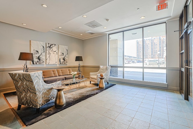 77 S Evergreen Ave Unit 1004, Arlington Heights, IL 60005 - building lobby with recessed lighting, a wainscoted wall, crown molding, and a view of city