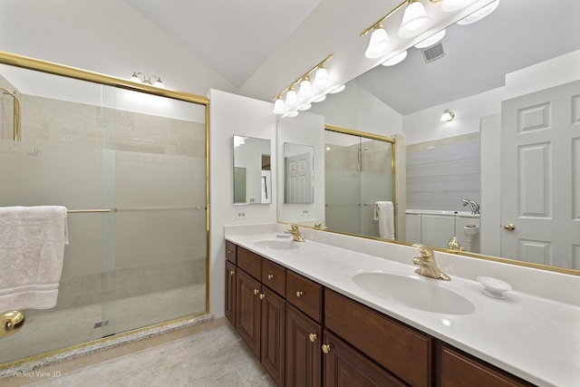 36225 N Goldspring Ct, Gurnee, IL 60031 - full bath featuring vaulted ceiling, double vanity, a shower stall, and tile patterned floors