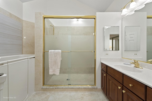 36225 N Goldspring Ct, Gurnee, IL 60031 - bathroom with vanity, a stall shower, and vaulted ceiling