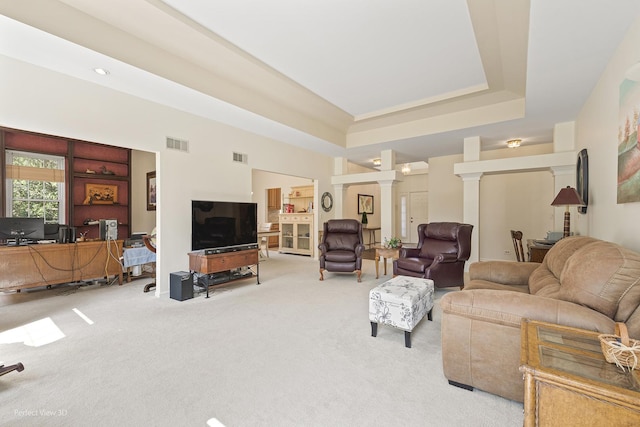 36225 N Goldspring Ct, Gurnee, IL 60031 - carpeted living room featuring ornate columns and a raised ceiling