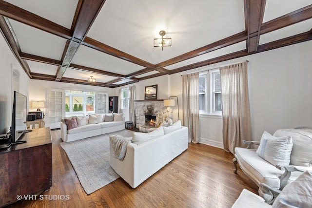 9606 S Vanderpoel Ave, Chicago, IL 60643 - living room with coffered ceiling, wood finished floors, a fireplace, beam ceiling, and baseboards