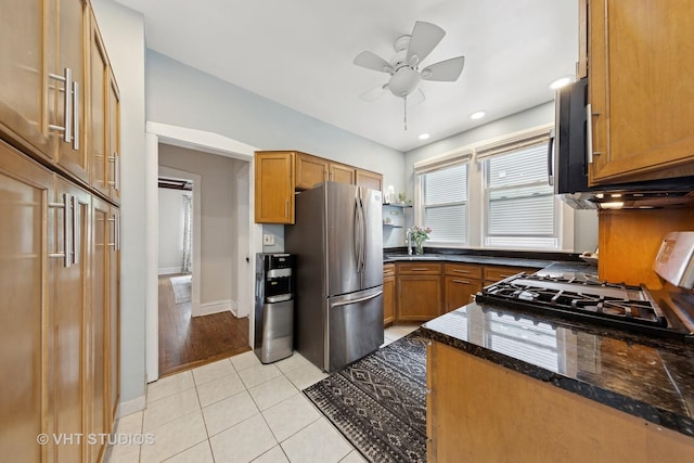 9606 S Vanderpoel Ave, Chicago, IL 60643 - kitchen featuring appliances with stainless steel finishes, a ceiling fan, brown cabinetry, light tile patterned floors, and recessed lighting