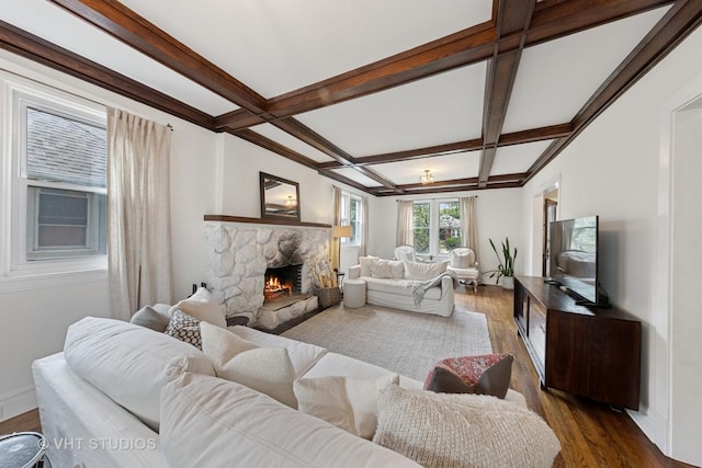 9606 S Vanderpoel Ave, Chicago, IL 60643 - living area with dark wood-style flooring, coffered ceiling, a fireplace, beamed ceiling, and baseboards