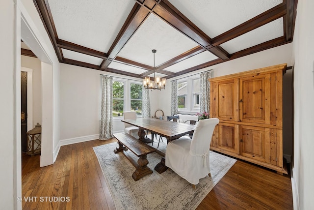9606 S Vanderpoel Ave, Chicago, IL 60643 - dining space featuring a chandelier, dark wood-style flooring, coffered ceiling, baseboards, and beam ceiling