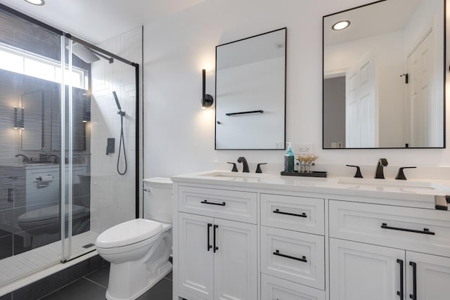 3412 Blue Ridge Dr, Carpentersville, IL 60110 - bathroom with toilet, double vanity, a stall shower, tile patterned floors, and recessed lighting