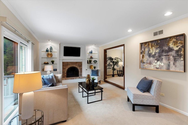 301 Hambletonian Dr, Oak Brook, IL 60523 - living area with a fireplace, ornamental molding, baseboards, light carpet, and built in shelves