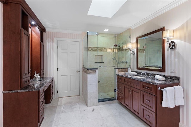 301 Hambletonian Dr, Oak Brook, IL 60523 - bathroom with a skylight, ornamental molding, a shower stall, and vanity