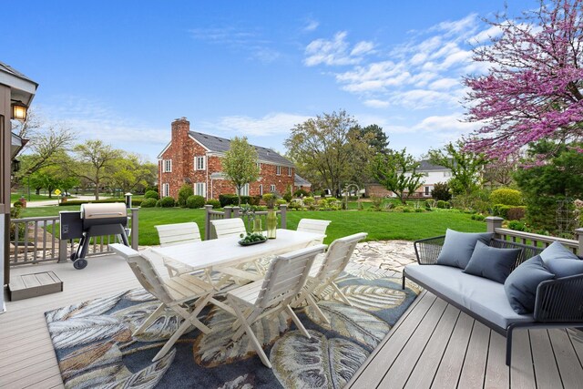 301 Hambletonian Dr, Oak Brook, IL 60523 - wooden deck with an outdoor hangout area, a lawn, outdoor dining space, and a grill