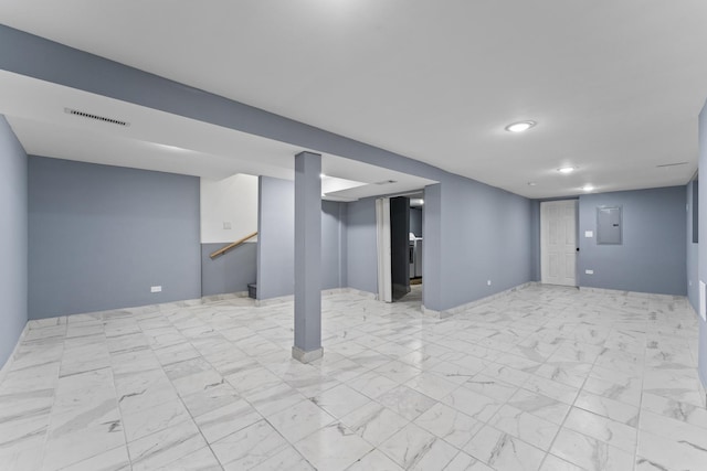 5052 W Huron St, Chicago, IL 60644 - finished below grade area featuring marble finish floor, recessed lighting, baseboards, visible vents, and electric panel