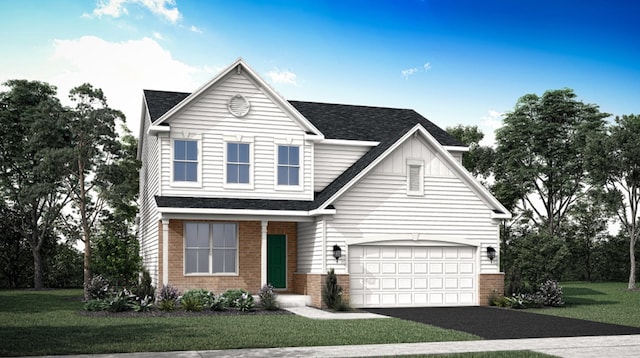traditional-style home with brick siding, a front lawn, roof with shingles, and driveway