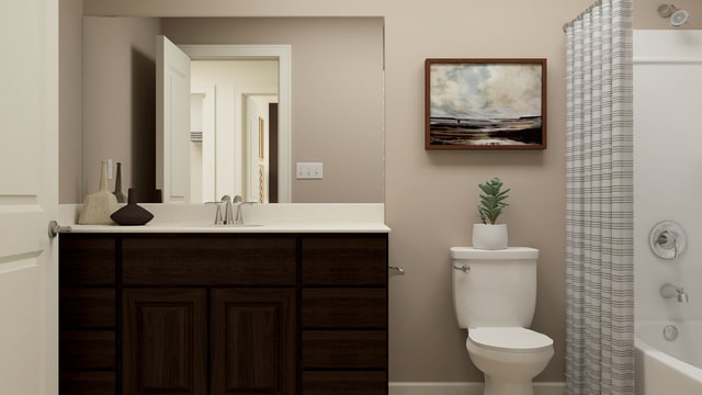 full bath with toilet, baseboards, shower / tub combo with curtain, and vanity
