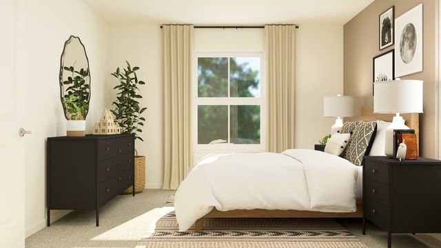 bedroom with light carpet