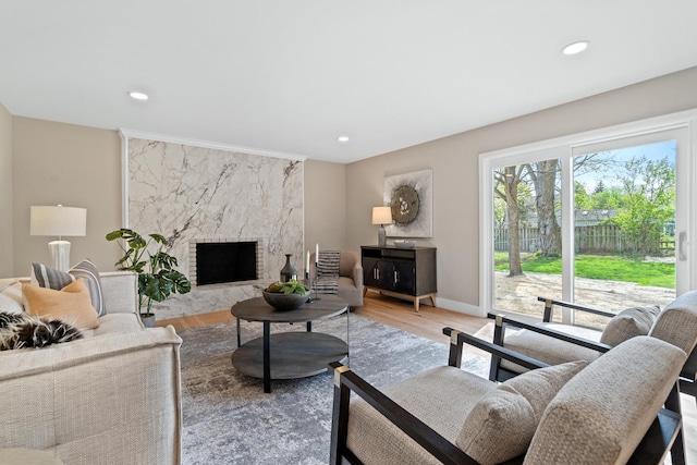 16 S Northampton Dr, Geneva, IL 60134 - living area featuring a premium fireplace, recessed lighting, baseboards, and wood finished floors