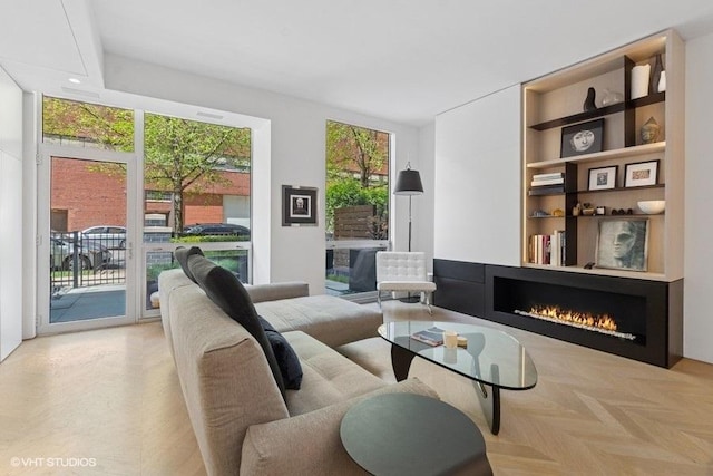 1917 S Calumet Ave, Chicago, IL 60616 - living room featuring a lit fireplace and built in shelves