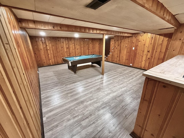 106 Kazwell St, Willow Springs, IL 60480 - game room with wooden walls, wood finished floors, billiards table, and beamed ceiling