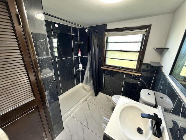 106 Kazwell St, Willow Springs, IL 60480 - full bathroom featuring toilet, tile walls, a shower with shower curtain, a wainscoted wall, and marble finish flooring