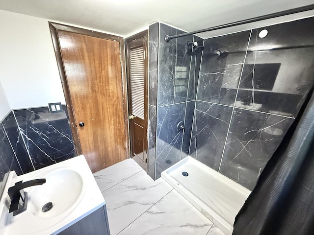 106 Kazwell St, Willow Springs, IL 60480 - bathroom featuring a stall shower, marble finish floors, and vanity