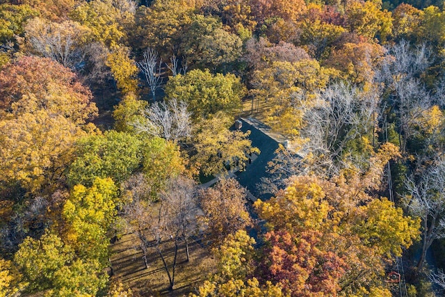 drone / aerial view featuring a forest view