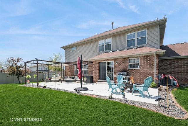24515 Echo Ln, Manhattan, IL 60442 - rear view of house with a patio area, an outdoor living space with a fire pit, brick siding, and a pergola