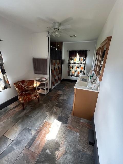 19364 US Highway 34, Princeton, IL 61356 - bathroom with vanity, a ceiling fan, stone tile floors, and curtained shower