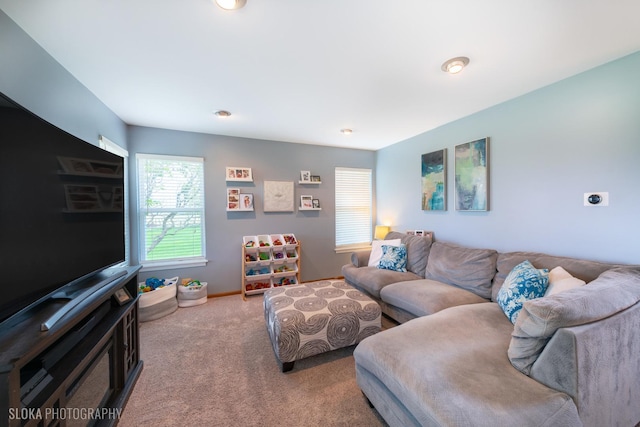 living room featuring carpet floors and baseboards