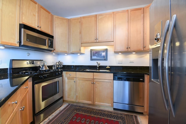 1101 S State St Unit 2100, Chicago, IL 60605 - kitchen featuring a sink, light brown cabinets, stainless steel appliances, and dark stone countertops