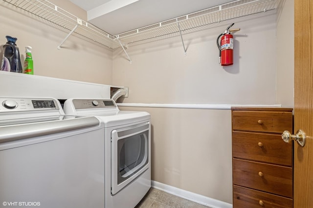 965 Sycamore Ct, Hoffman Estates, IL 60192 - clothes washing area featuring washing machine and clothes dryer, baseboards, and light tile patterned flooring