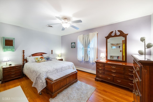 bedroom with visible vents, a baseboard radiator, light wood-style flooring, and a ceiling fan