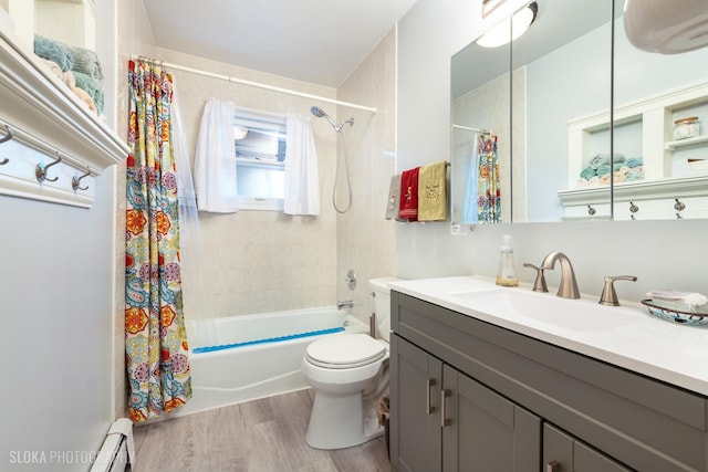 bathroom with vanity, toilet, shower / bathtub combination with curtain, wood finished floors, and a baseboard heating unit