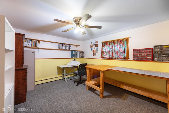 home office featuring a baseboard radiator, ceiling fan, and carpet