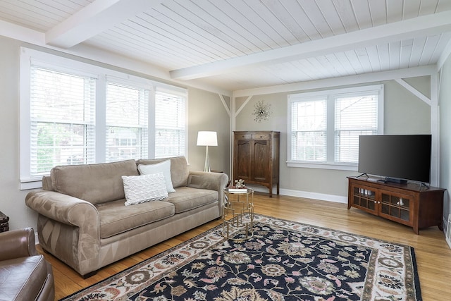 845 Smith St, Glen Ellyn, IL 60137 - living area with beam ceiling, light wood-style floors, wooden ceiling, and baseboards