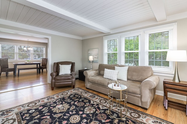 845 Smith St, Glen Ellyn, IL 60137 - living room with beamed ceiling, wood-type flooring, a chandelier, baseboards, and wood ceiling