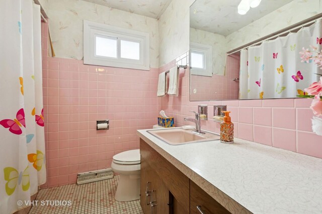 9336 Lavergne Ave, Skokie, IL 60077 - bathroom featuring tile walls, tile patterned floors, toilet, vanity, and curtained shower