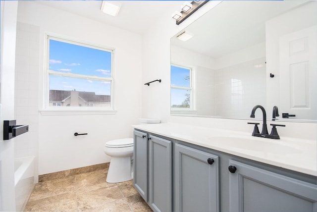 full bathroom featuring walk in shower, baseboards, a bathing tub, vanity, and toilet