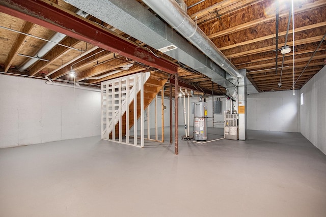 unfinished basement featuring water heater, heating unit, electric panel, and stairs