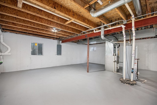 unfinished basement featuring gas water heater and electric panel