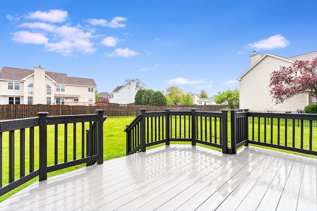 deck with a fenced backyard, a yard, and a residential view