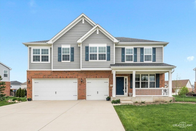 view of front of home with brick siding, a garage, a porch, a front yard, and concrete driveway