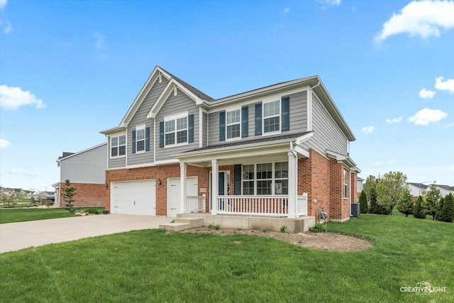 view of front facade with a garage, a front yard, brick siding, a porch, and driveway