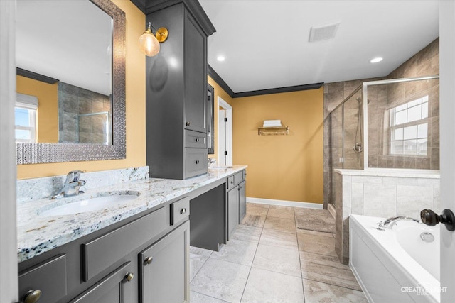 bathroom featuring a sink, plenty of natural light, a stall shower, and crown molding