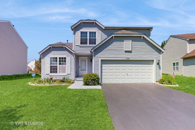 traditional home with driveway, a front yard, and a garage