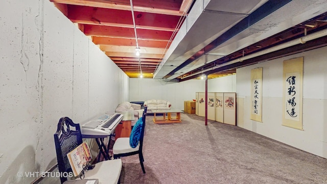 finished basement featuring carpet flooring