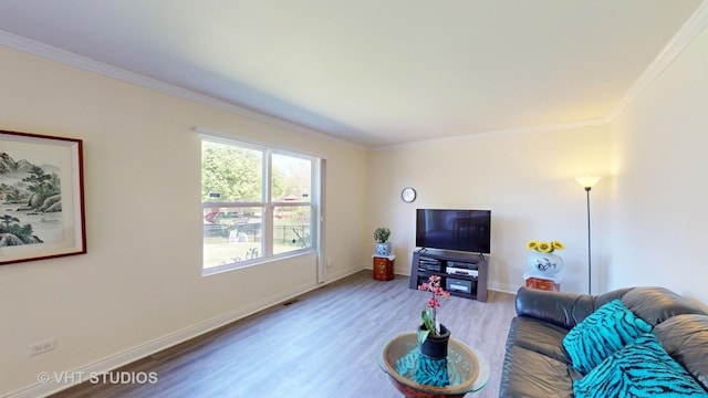 living room with wood finished floors, ornamental molding, and baseboards