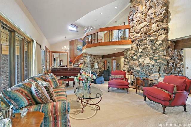 living room featuring carpet floors, high vaulted ceiling, a chandelier, stairway, and recessed lighting