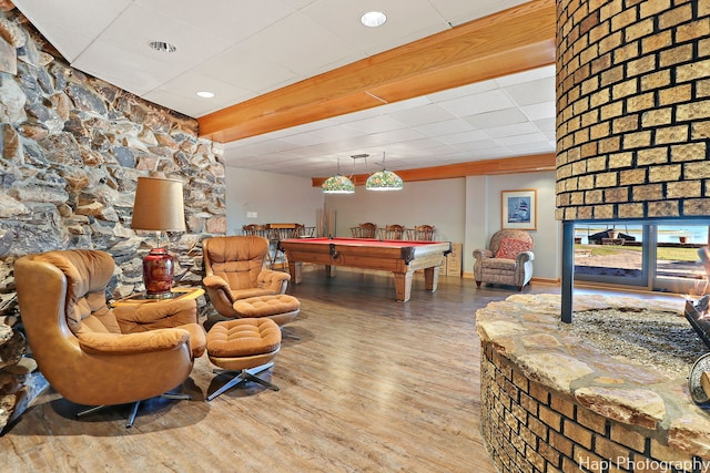 rec room featuring billiards, wood finished floors, a paneled ceiling, baseboards, and recessed lighting